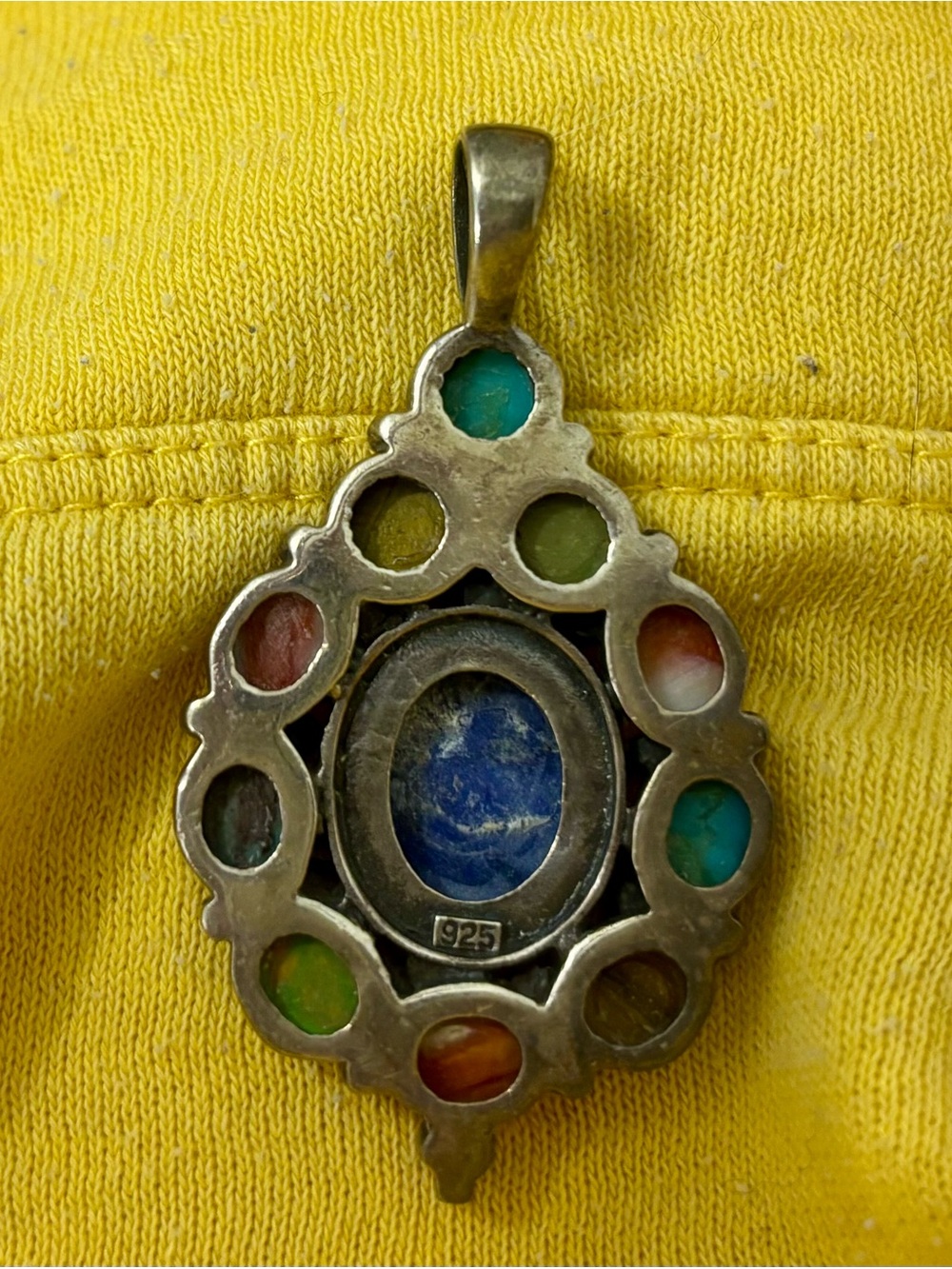 Navajo Silver Pendant with Lapis, Coral, Tiger’s Eye, and Mojave Turquoise - Picture 3 of 3